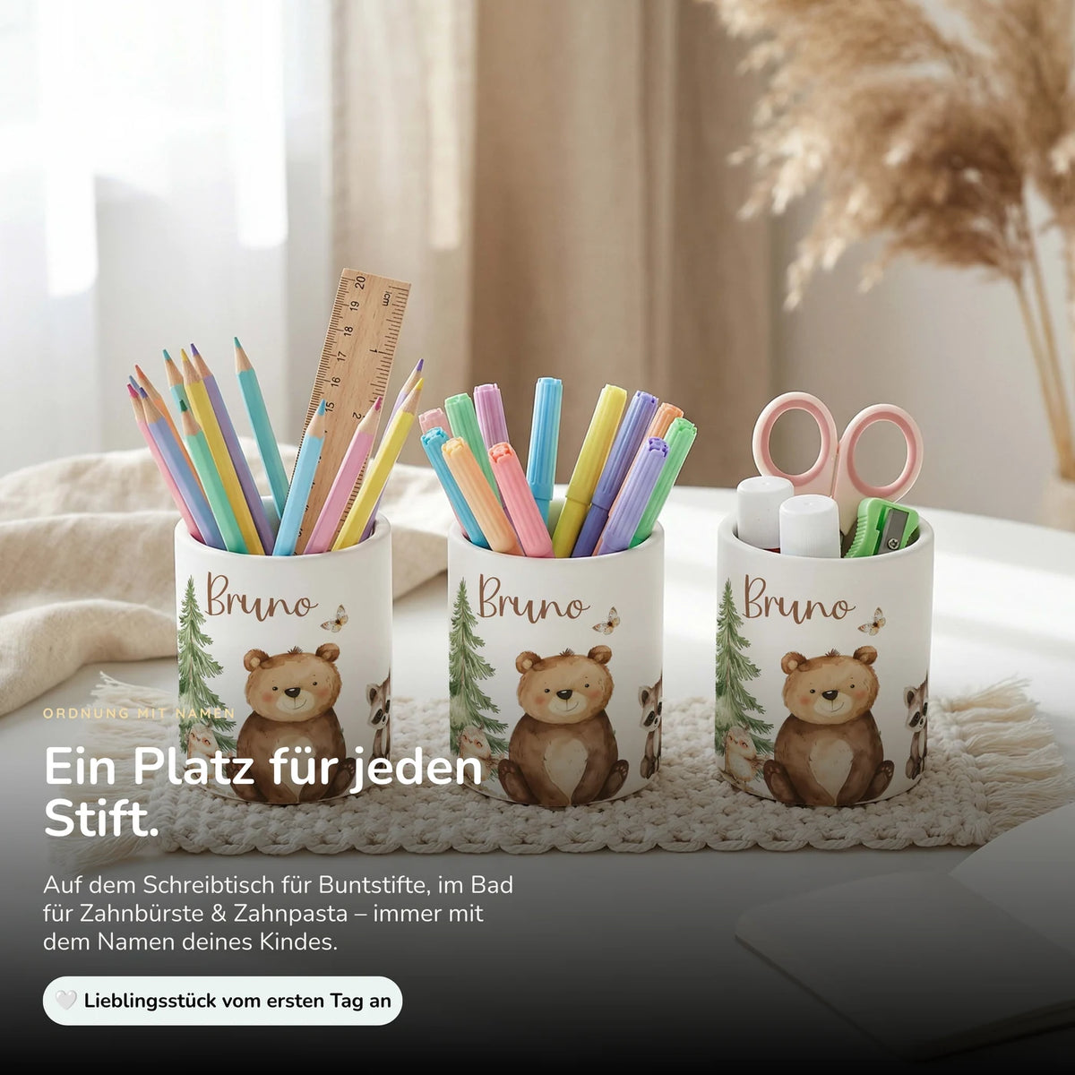 Personalisierter Stiftehalter Bär & Waschbär – Keramik mit Wunschname