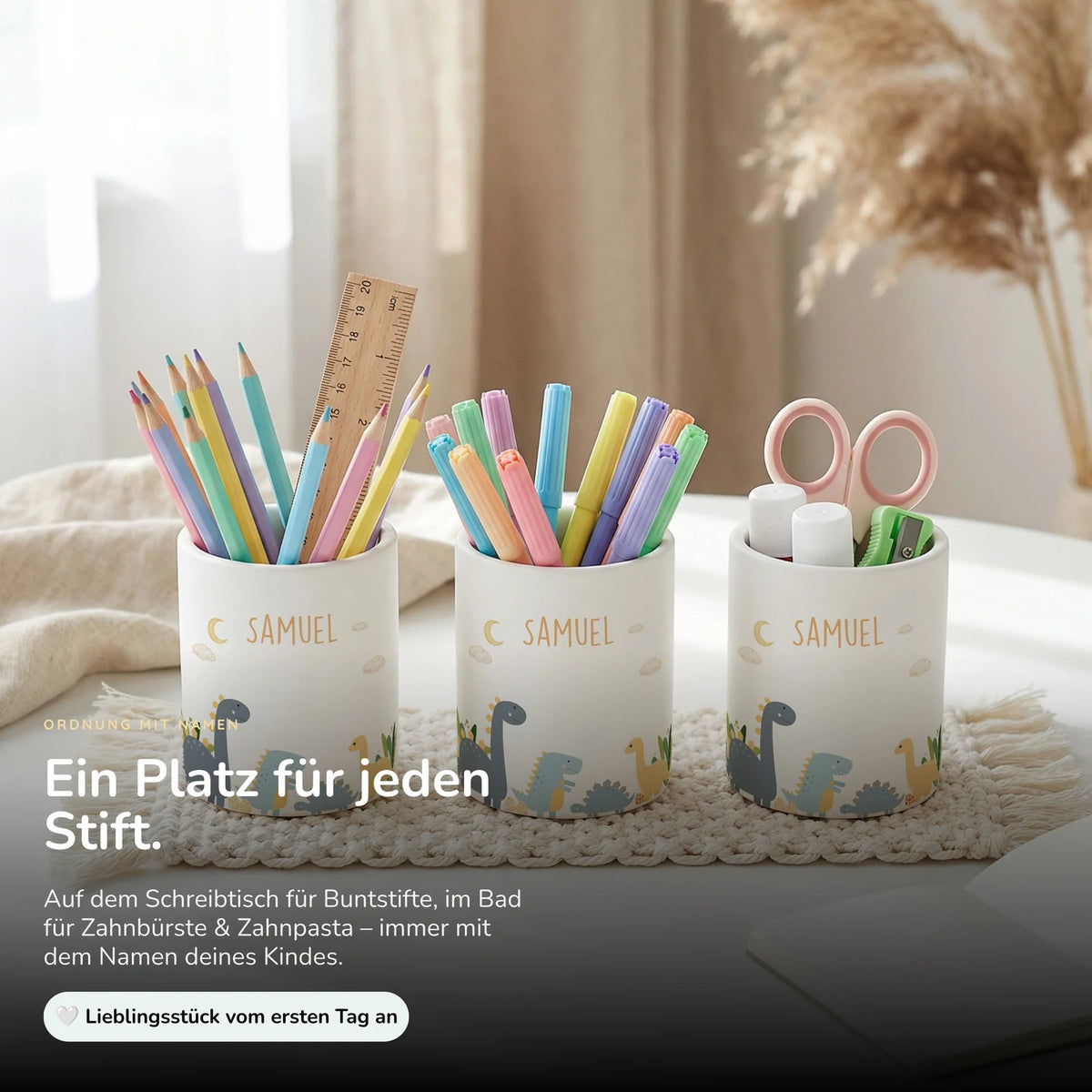 Personalisierter Stiftehalter Dinosaurier Mond – Keramik mit Wunschname