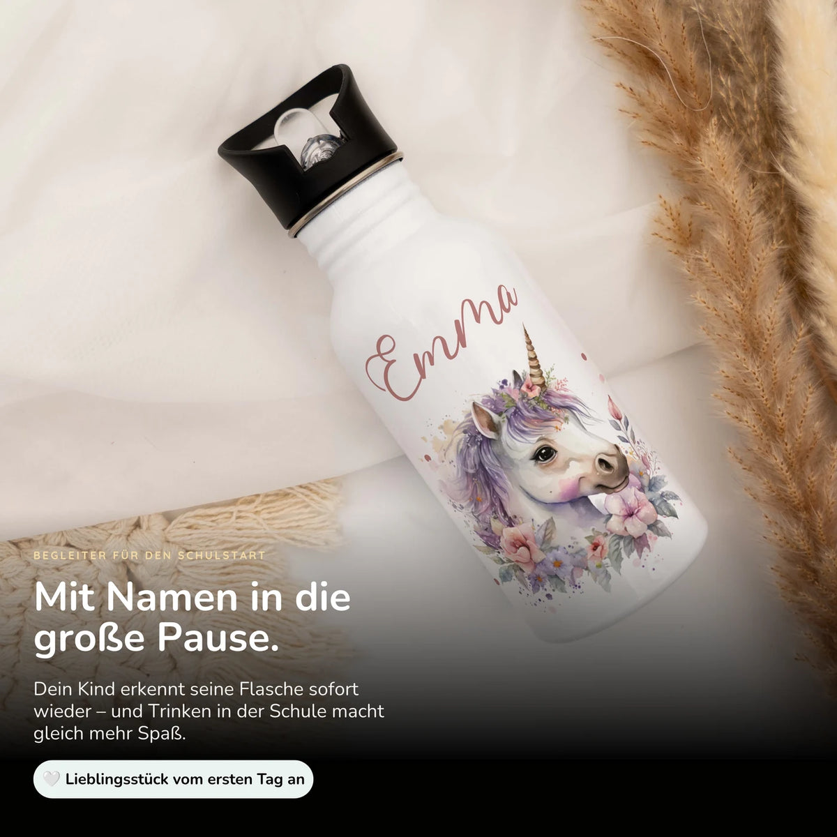 Trinkflasche Kinder Edelstahl - Einhorn mit Blüten