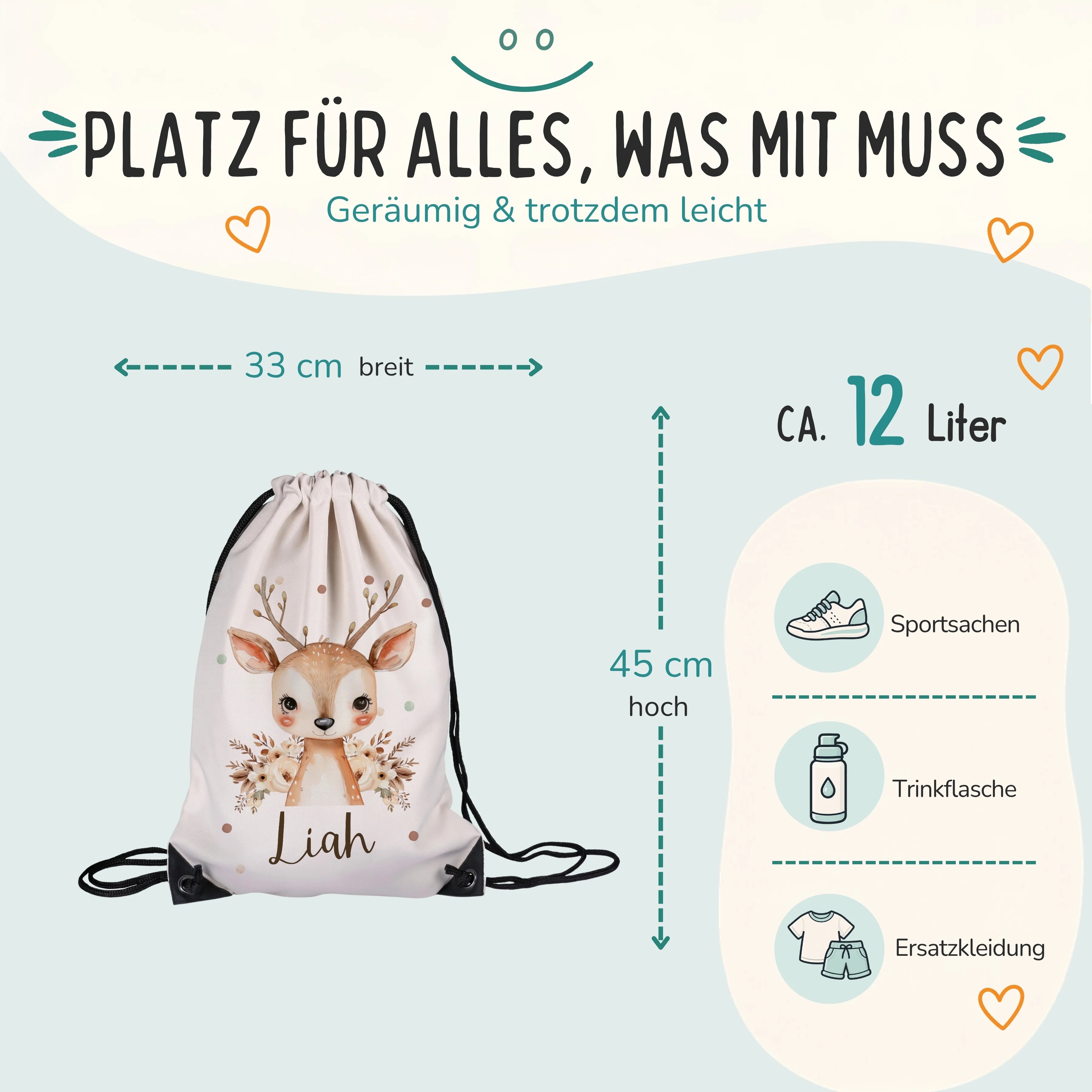 Personalisierter Turnbeutel Baby Reh, Größe 33 x 45 cm mit ca. 12 Liter Fassungsvermögen