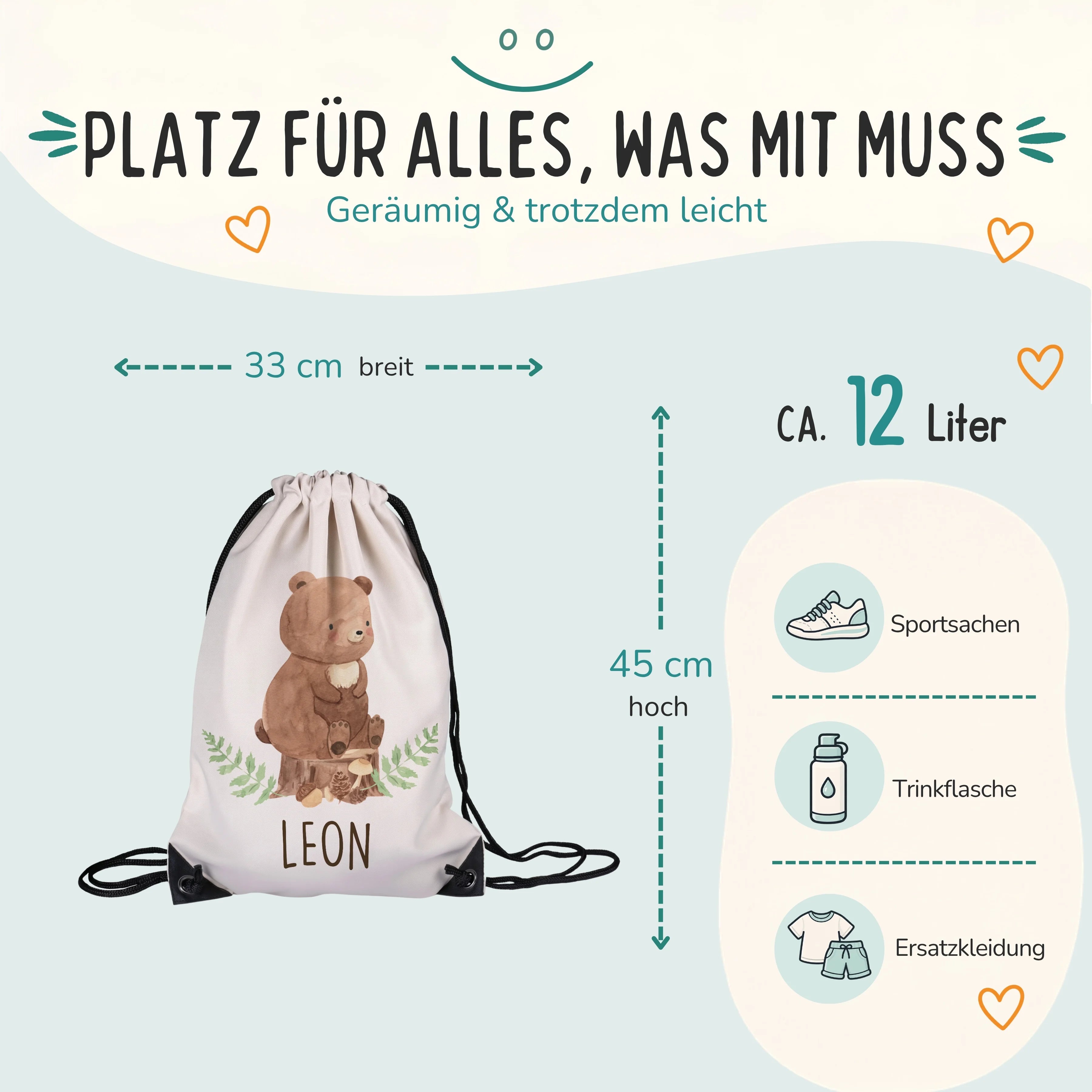 Personalisierter Turnbeutel Bär, Größe 33 x 45 cm mit ca. 12 Liter Fassungsvermögen
