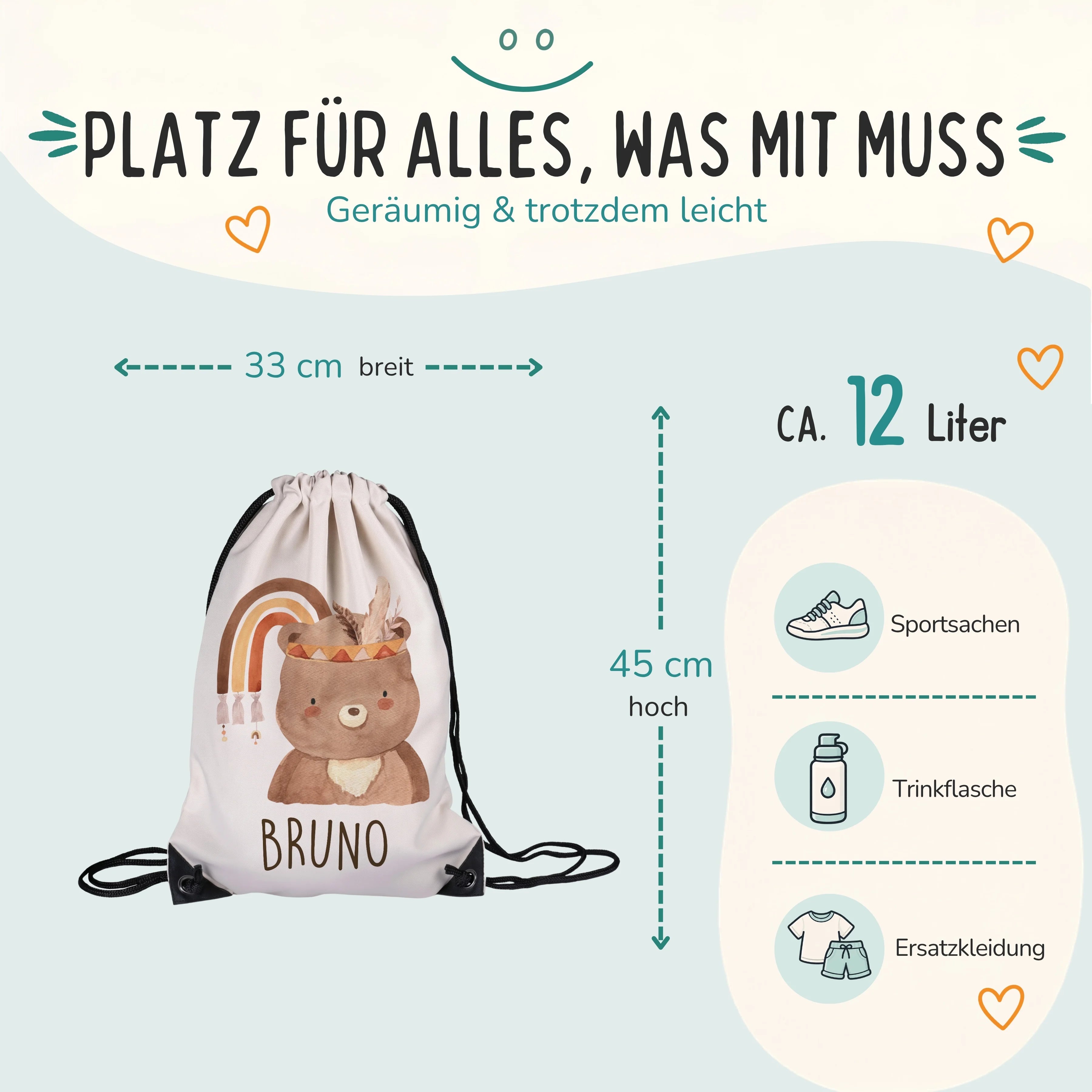 Personalisierter Turnbeutel Bär mit Regenbogen, Größe 33 x 45 cm mit ca. 12 Liter Fassungsvermögen
