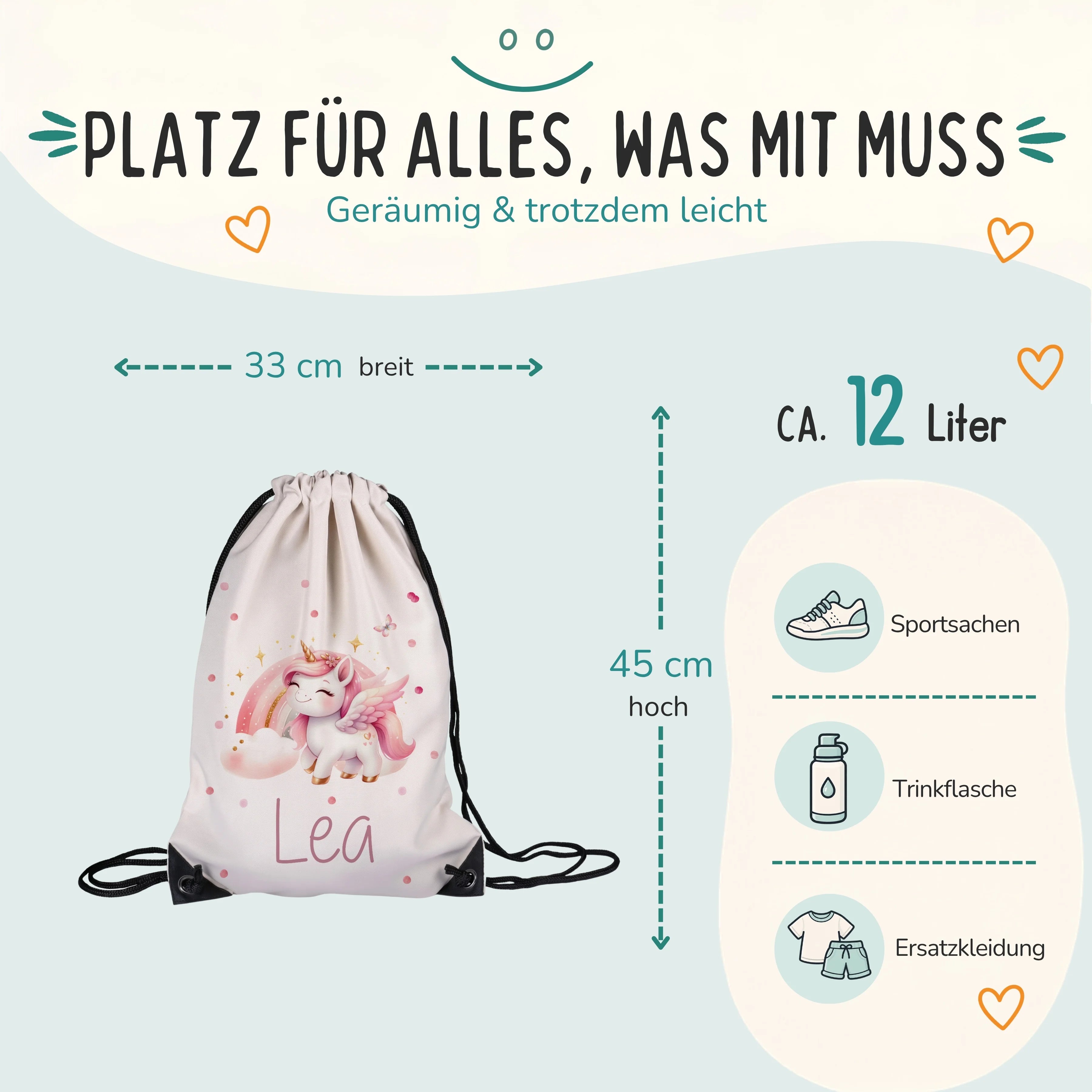 Personalisierter Turnbeutel Zauberhaftes Einhorn, Größe 33 x 45 cm mit ca. 12 Liter Fassungsvermögen
