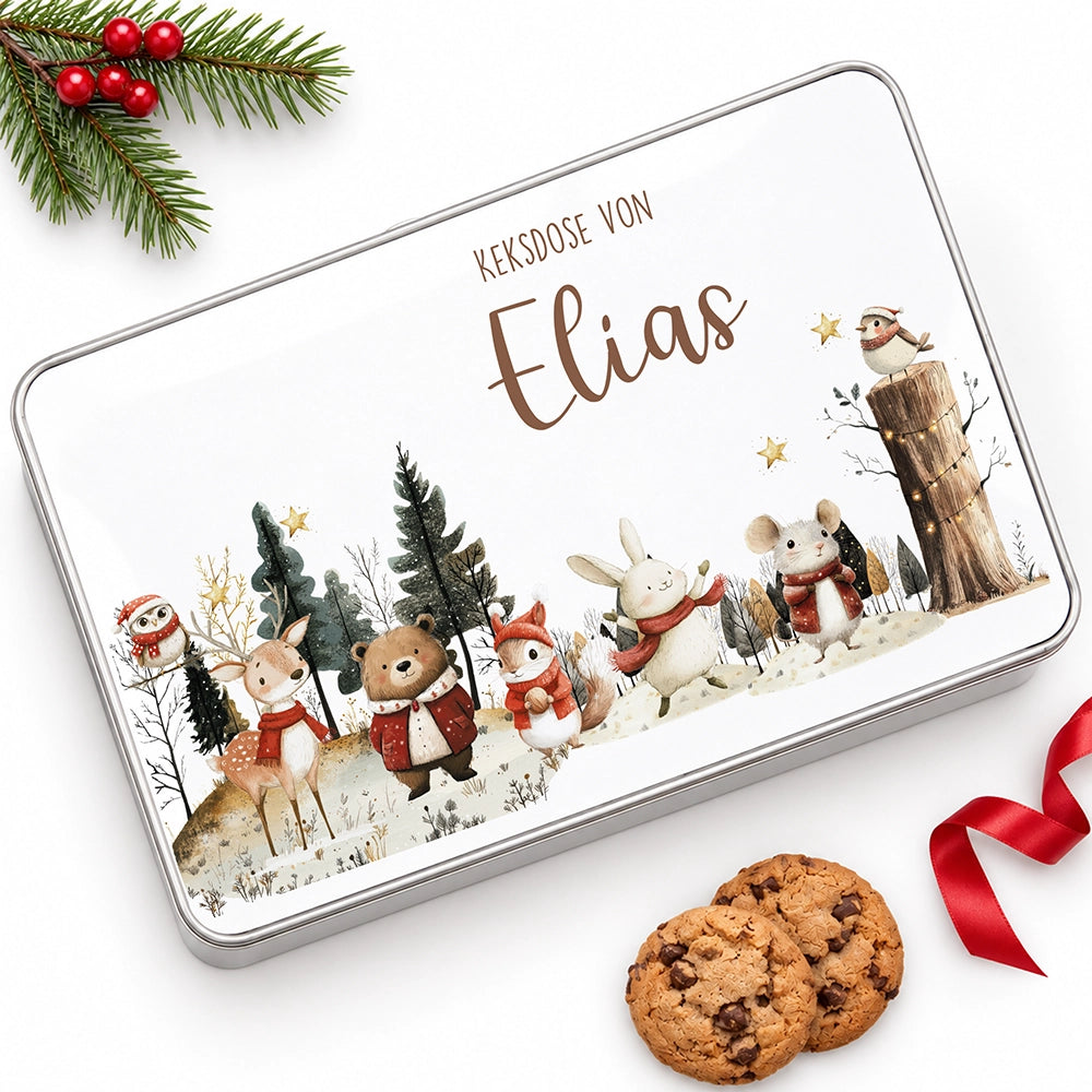 Keksdose aus Metall personalisiert - Weihnachtsfreunde im Schnee