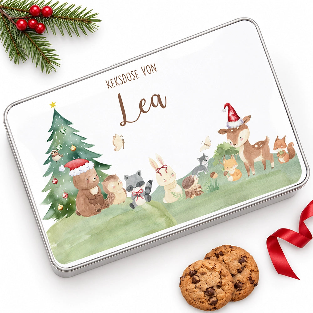 Keksdose aus Metall personalisiert - Kleine Waldbewohner im Weihnachtsglanz