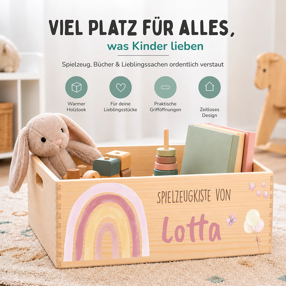 Spielzeugkiste personalisiert mit Namen - Regenbogen