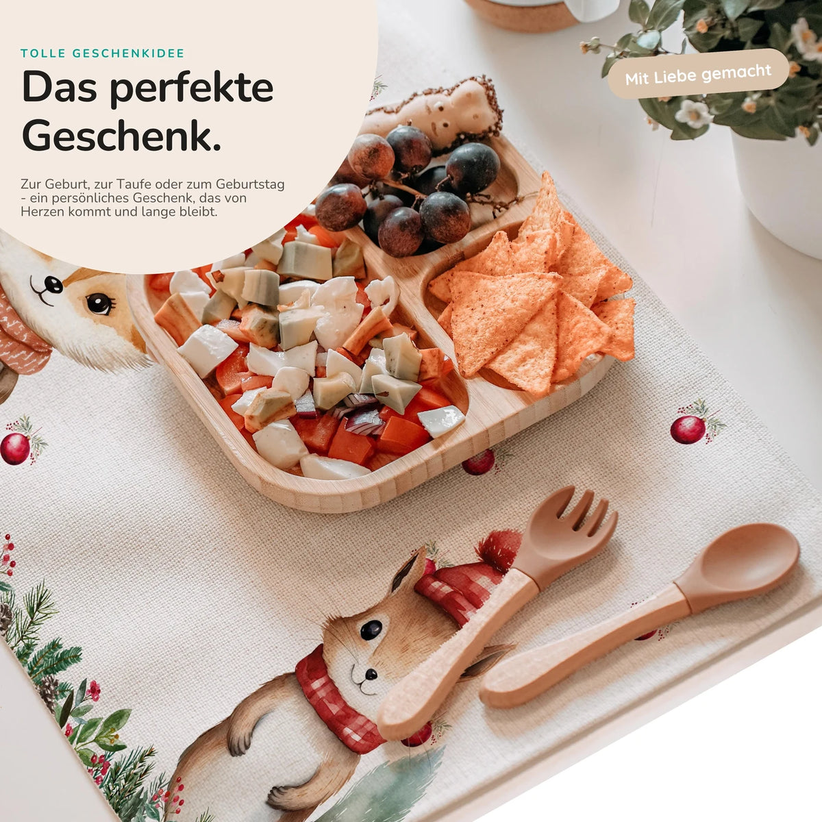 Tischset Kinder personalisiert Weihnachtsmotiv - Tierfreunde im Wald