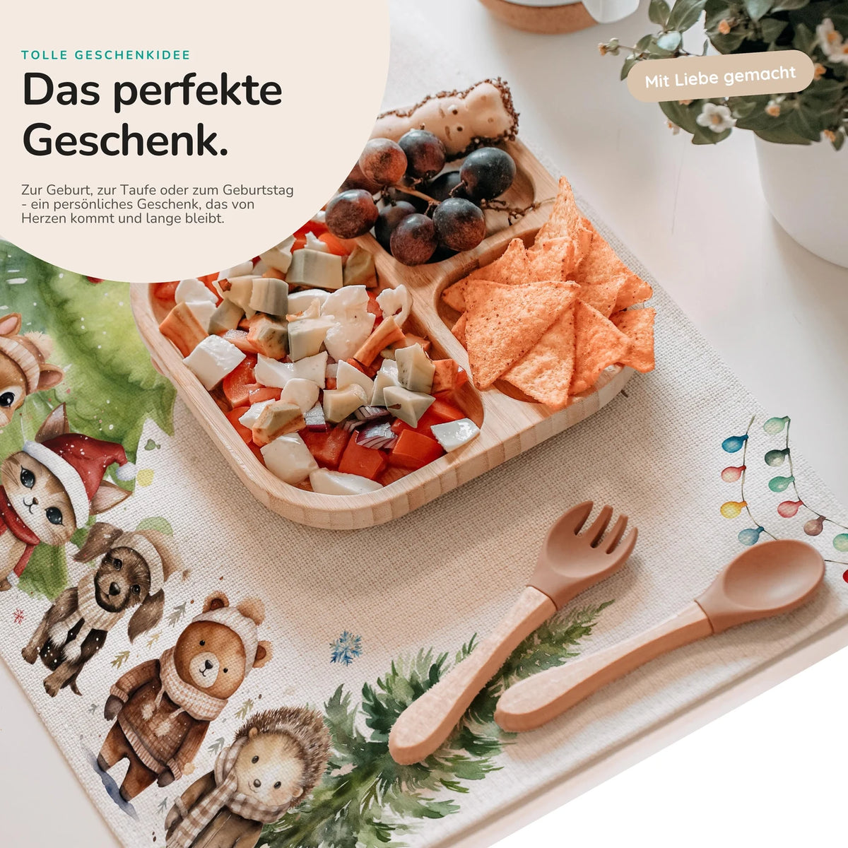 Tischset Kinder personalisiert Weihnachtsmotiv - Freundliche Waldbewohner