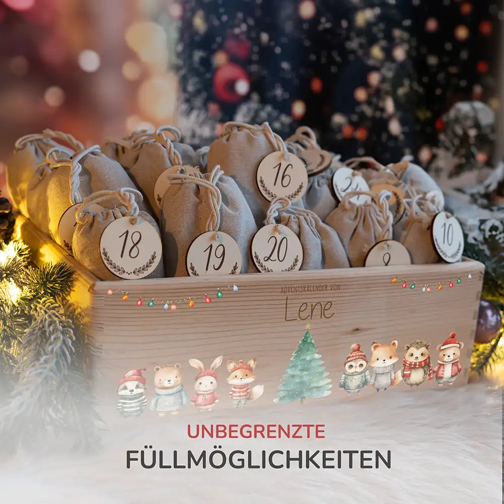 Adventskiste zum befüllen "Weihnachten mit Tieren und Lichterkette" personalisiert