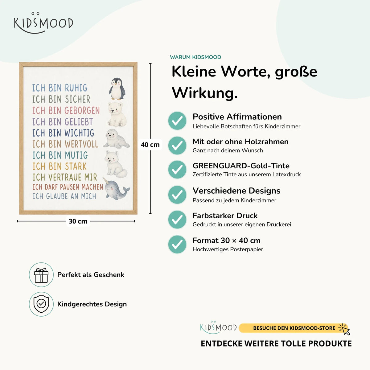 Affirmationsposter „Arktistiere“ im Überblick: 30 × 40 cm, mit oder ohne Holzrahmen, verschiedene Designs