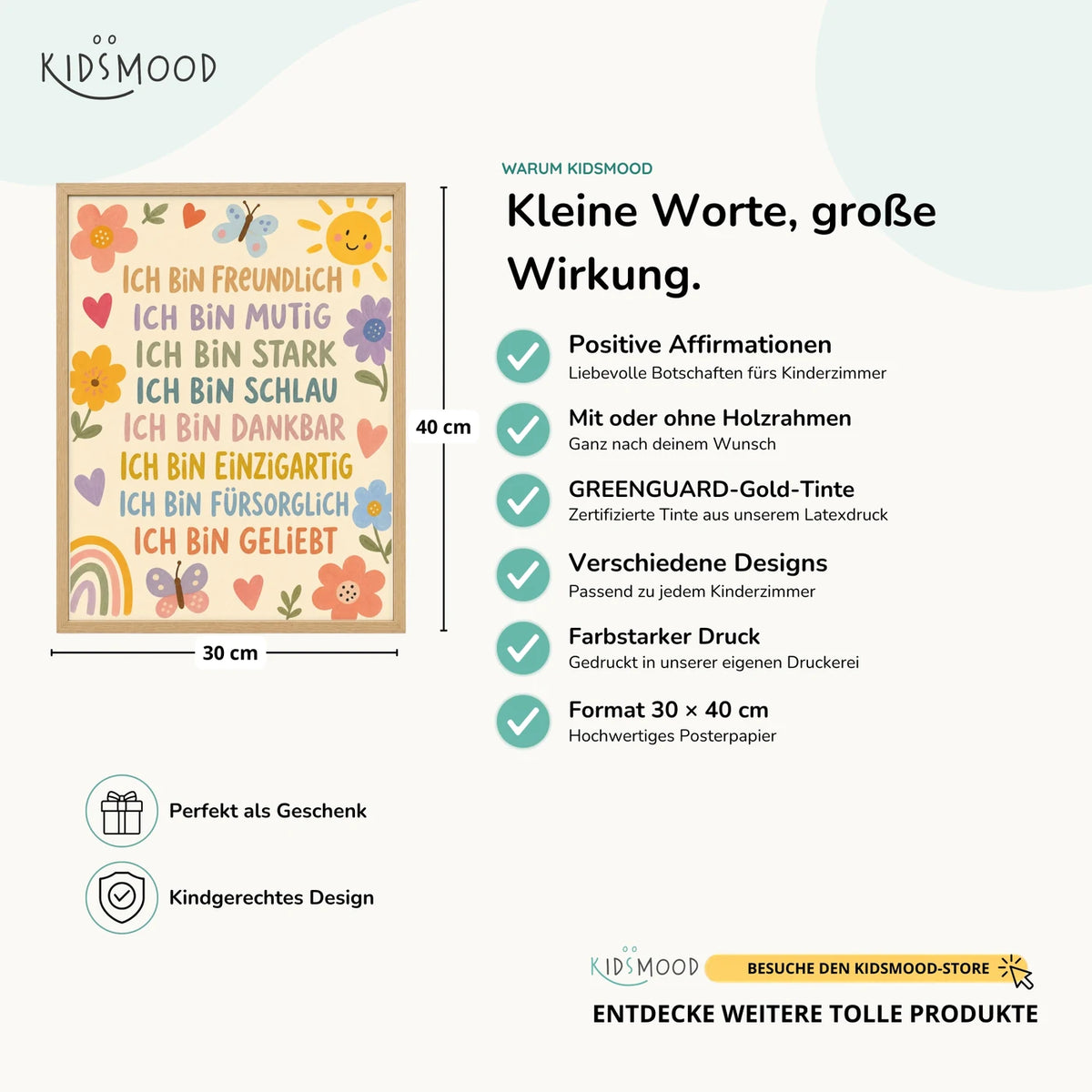 Affirmationsposter „Blumenwiese Ich bin freundlich“ im Überblick: 30 × 40 cm, mit oder ohne Holzrahmen, verschiedene Designs