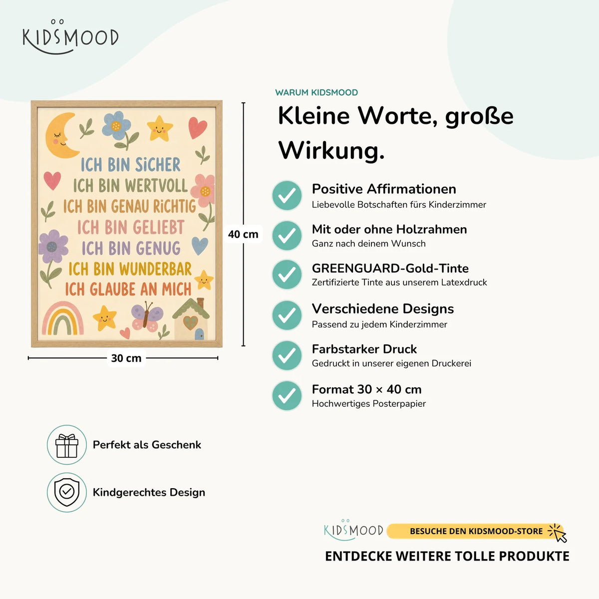 Affirmationsposter „Blumenwiese Ich bin sicher“ im Überblick: 30 × 40 cm, mit oder ohne Holzrahmen, verschiedene Designs