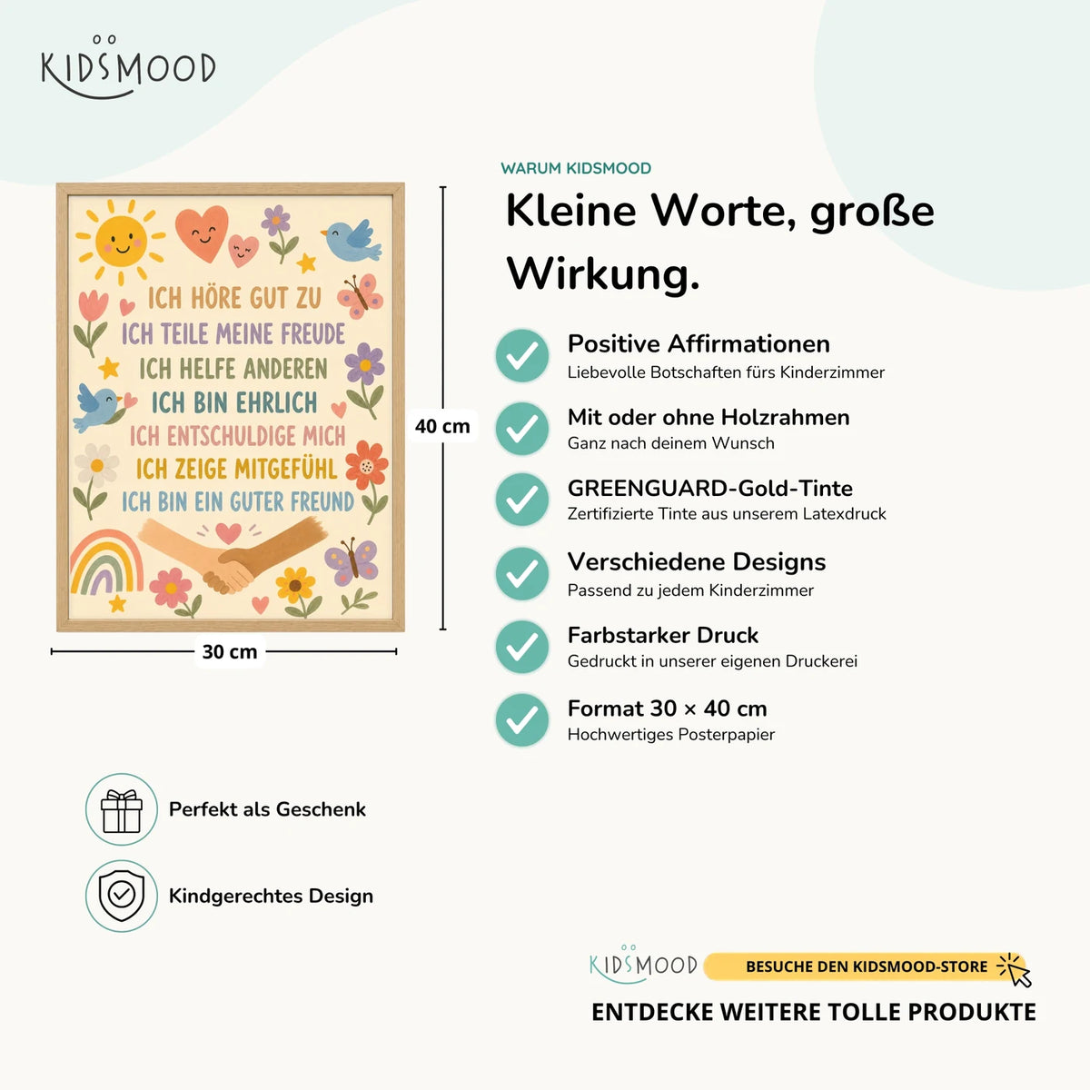 Affirmationsposter „Blumenwiese Ich höre zu“ im Überblick: 30 × 40 cm, mit oder ohne Holzrahmen, verschiedene Designs