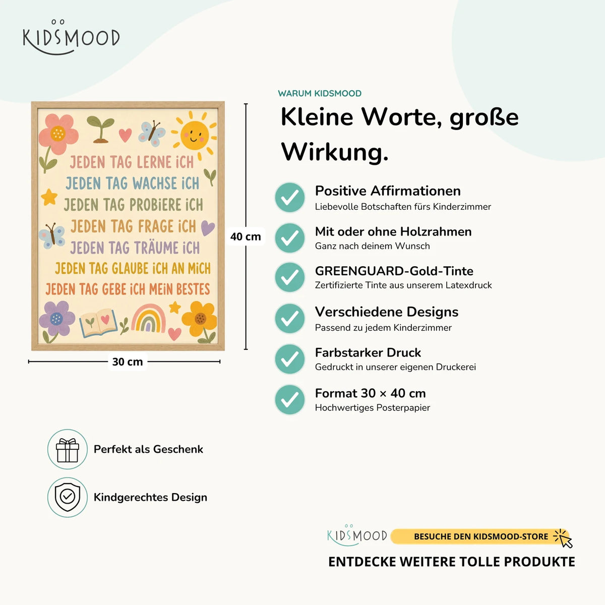 Affirmationsposter „Blumenwiese Jeden Tag“ im Überblick: 30 × 40 cm, mit oder ohne Holzrahmen, verschiedene Designs