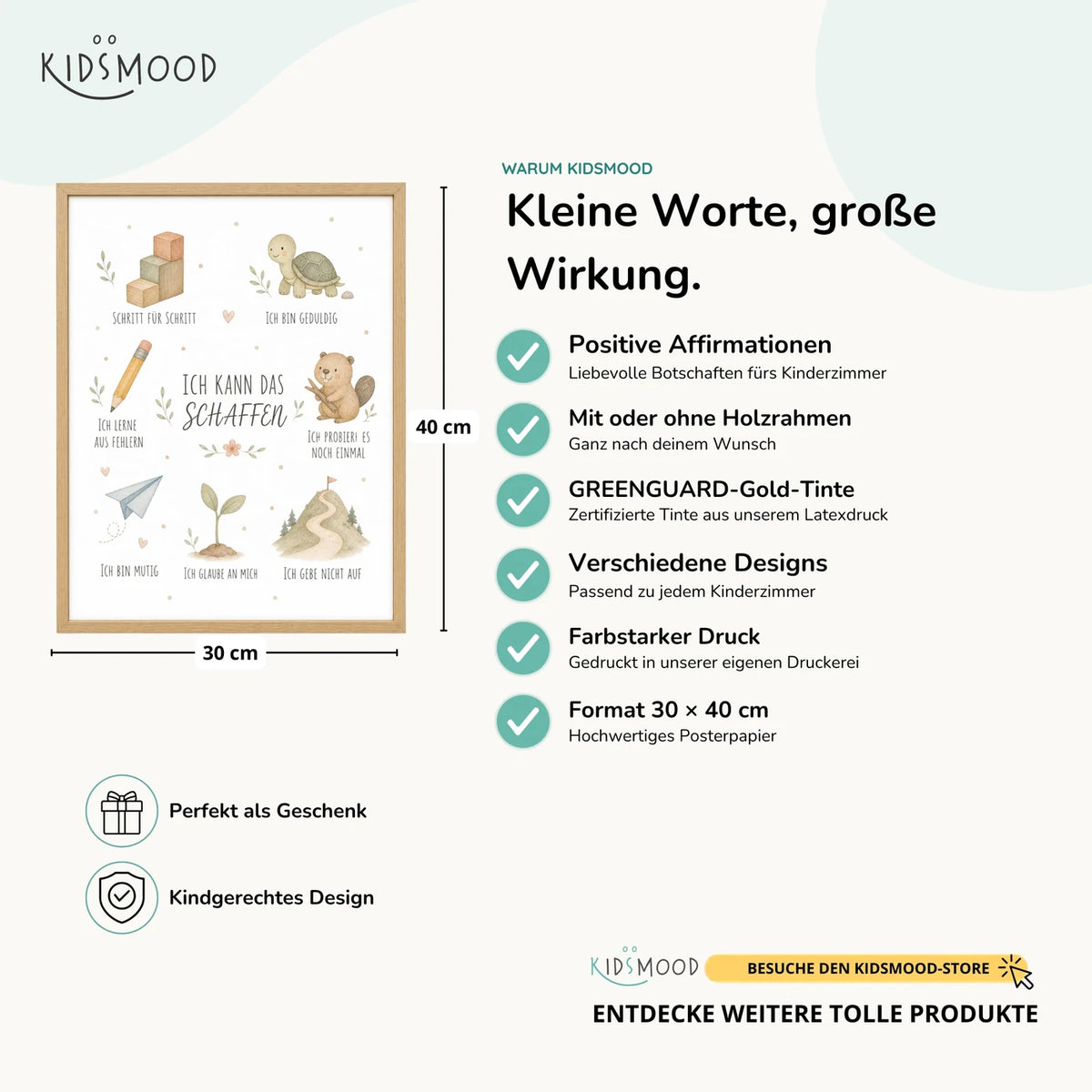 Affirmationsposter „Collage Ich kann das schaffen“ im Überblick: 30 × 40 cm, mit oder ohne Holzrahmen, verschiedene Designs