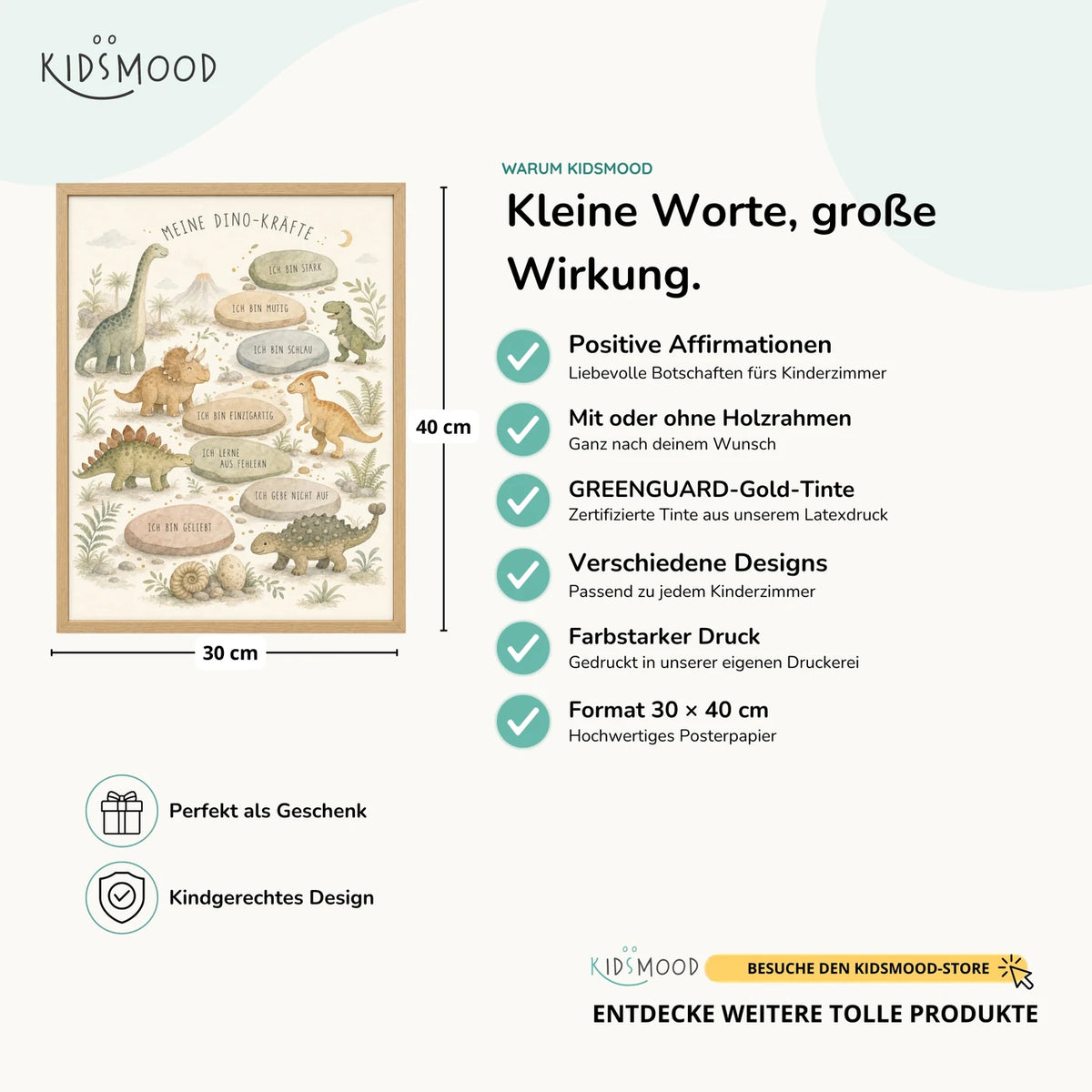Affirmationsposter „Dino-Kräfte“ im Überblick: 30 × 40 cm, mit oder ohne Holzrahmen, verschiedene Designs