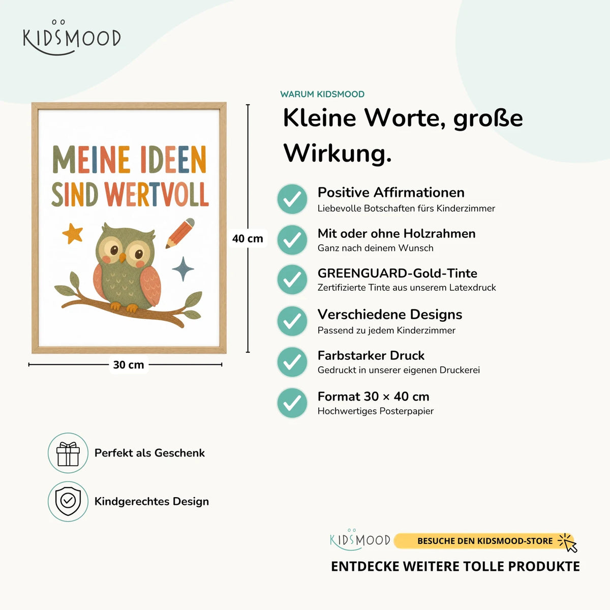 Affirmationsposter „Eule Meine Ideen sind wertvoll“ im Überblick: 30 × 40 cm, mit oder ohne Holzrahmen, verschiedene Designs