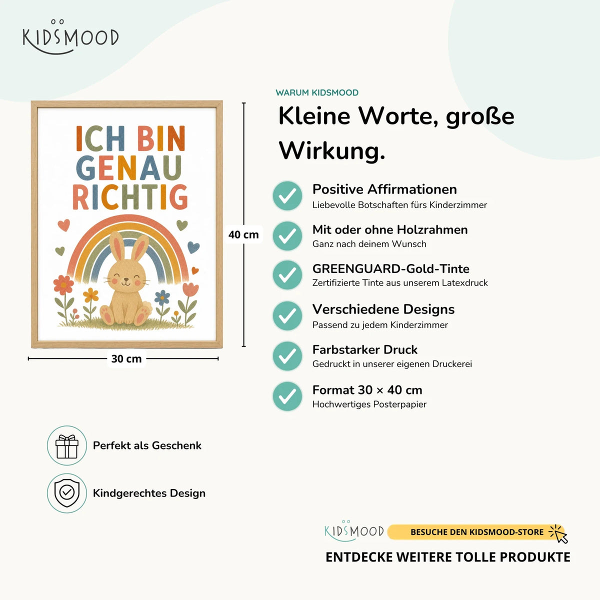 Affirmationsposter „Hase Ich bin genau richtig“ im Überblick: 30 × 40 cm, mit oder ohne Holzrahmen, verschiedene Designs
