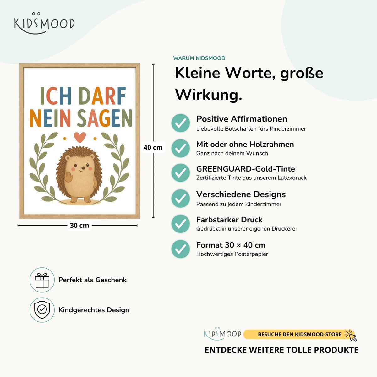 Affirmationsposter „Igel Ich darf nein sagen“ im Überblick: 30 × 40 cm, mit oder ohne Holzrahmen, verschiedene Designs