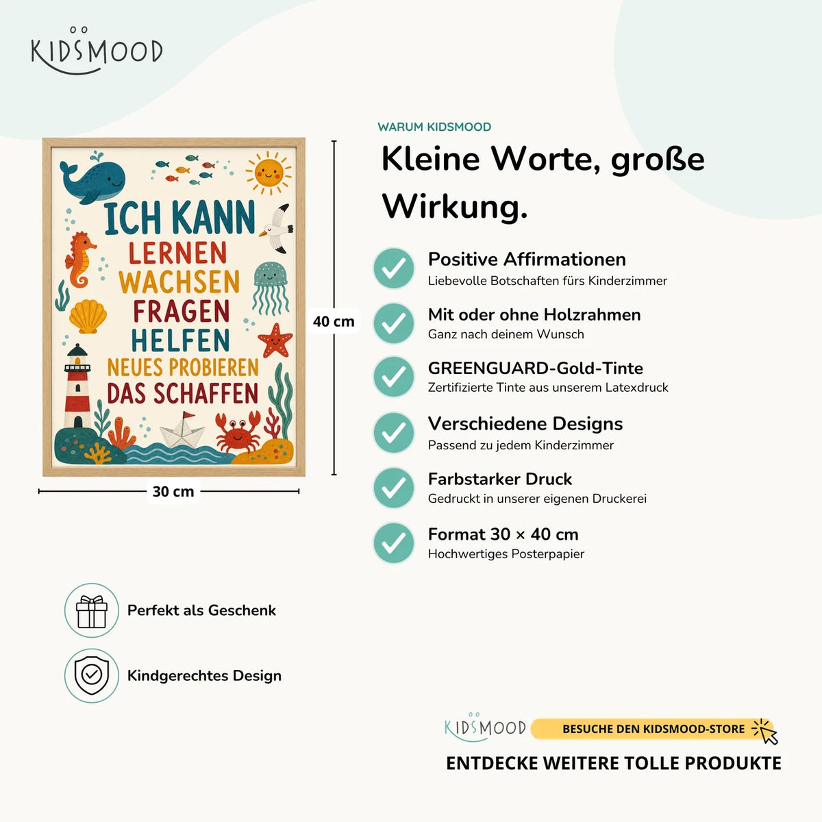Affirmationsposter „Meer Ich kann lernen“ im Überblick: 30 × 40 cm, mit oder ohne Holzrahmen, verschiedene Designs