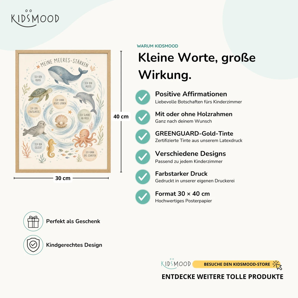 Affirmationsposter „Meeres-Stärken“ im Überblick: 30 × 40 cm, mit oder ohne Holzrahmen, verschiedene Designs