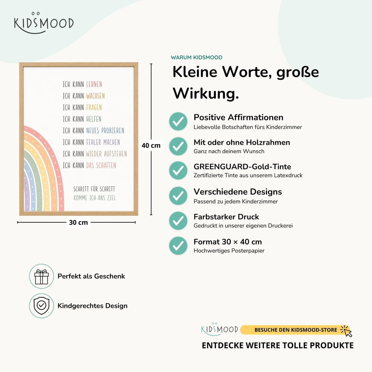 Affirmationsposter „Minimal Ich kann“ im Überblick: 30 × 40 cm, mit oder ohne Holzrahmen, verschiedene Designs