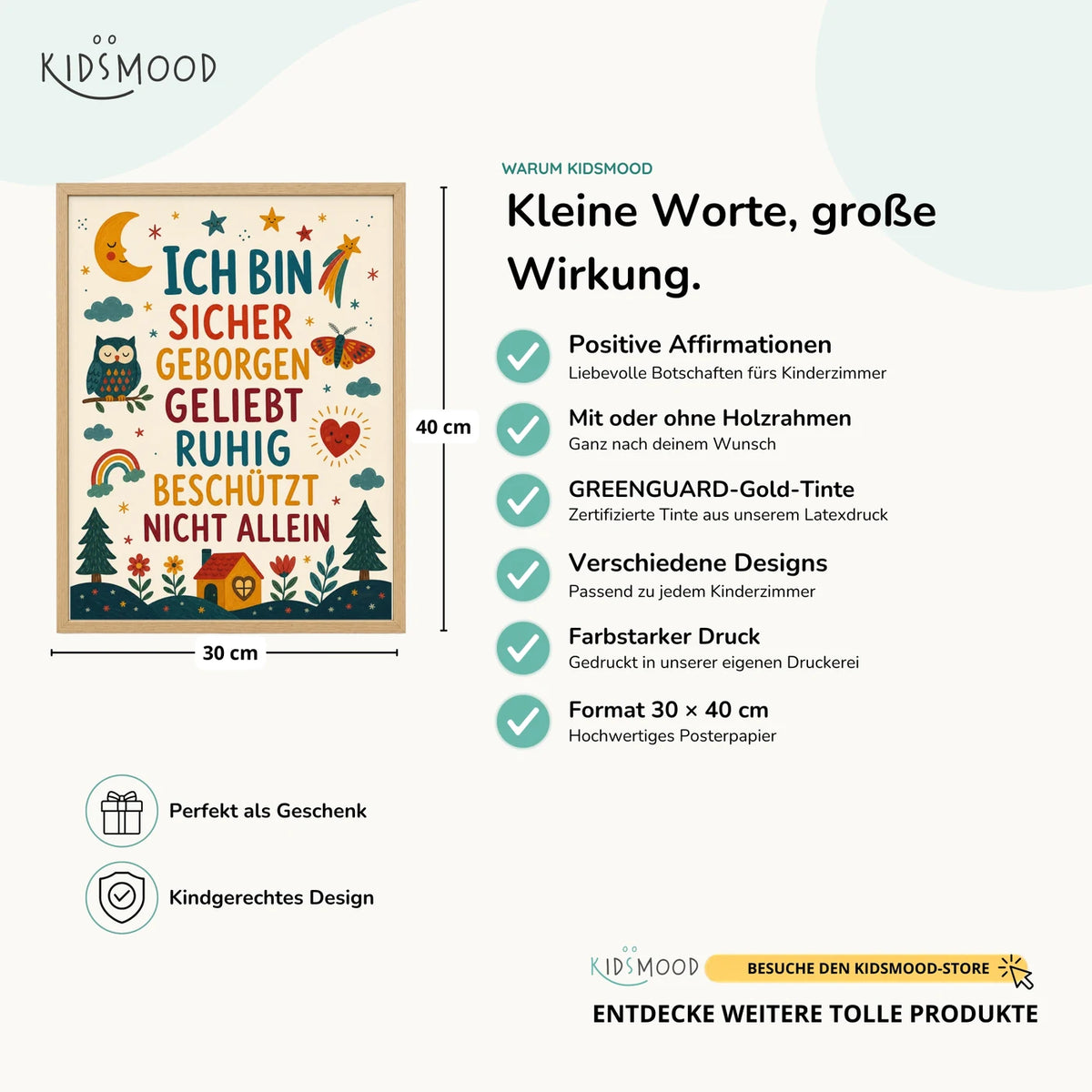Affirmationsposter „Nachthimmel Ich bin sicher“ im Überblick: 30 × 40 cm, mit oder ohne Holzrahmen, verschiedene Designs