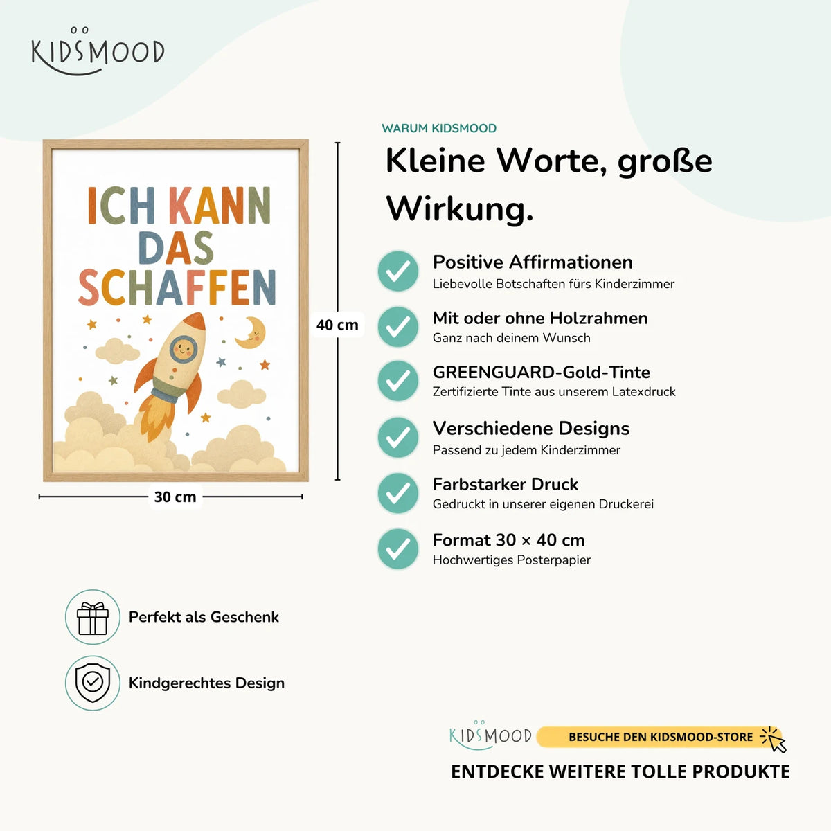 Affirmationsposter „Rakete Ich kann das schaffen“ im Überblick: 30 × 40 cm, mit oder ohne Holzrahmen, verschiedene Designs