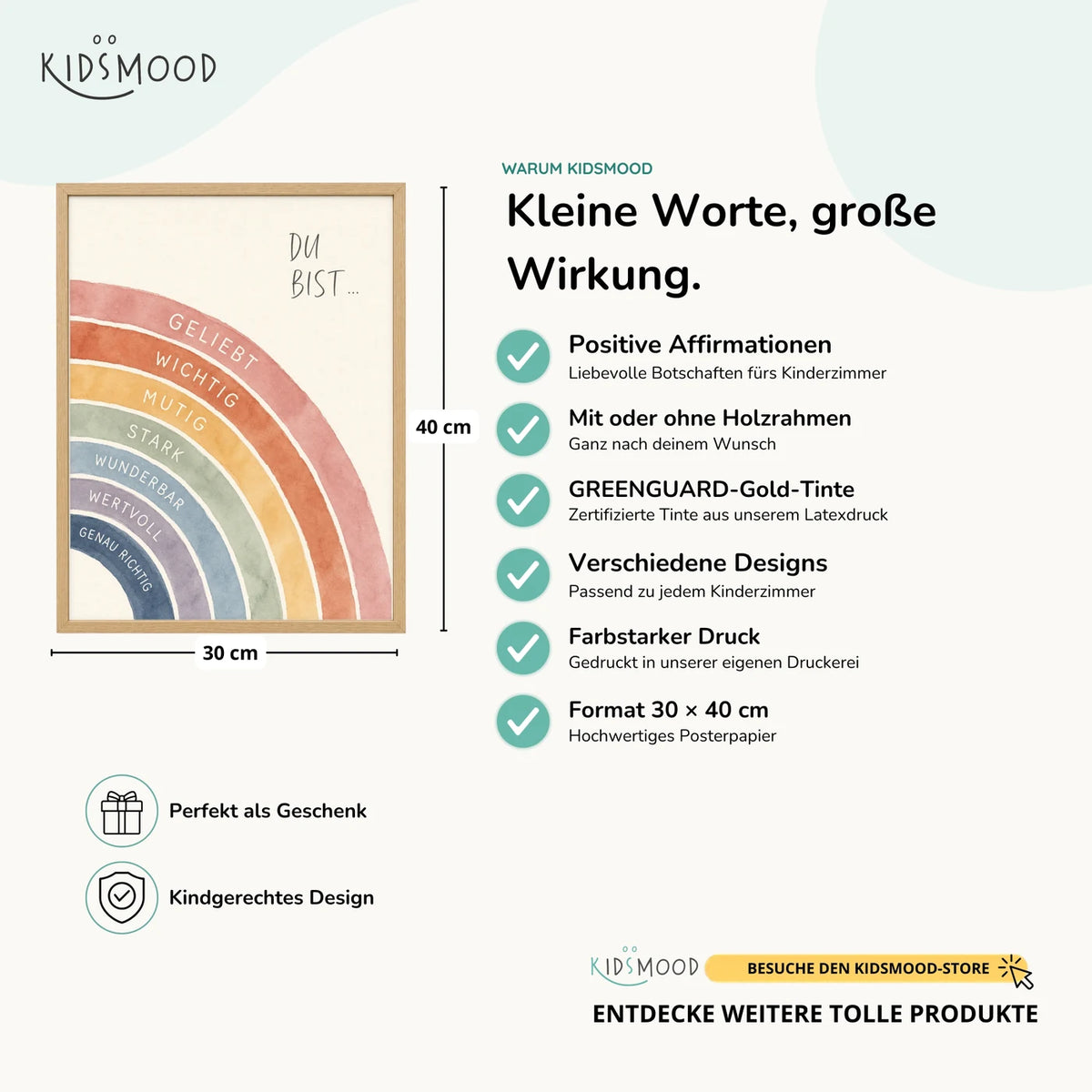 Affirmationsposter „Regenbogen Du bist“ im Überblick: 30 × 40 cm, mit oder ohne Holzrahmen, verschiedene Designs