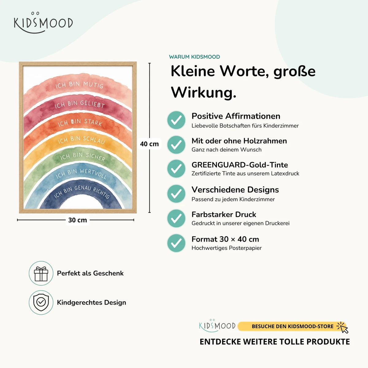 Affirmationsposter „Regenbogen Ich bin bunt“ im Überblick: 30 × 40 cm, mit oder ohne Holzrahmen, verschiedene Designs
