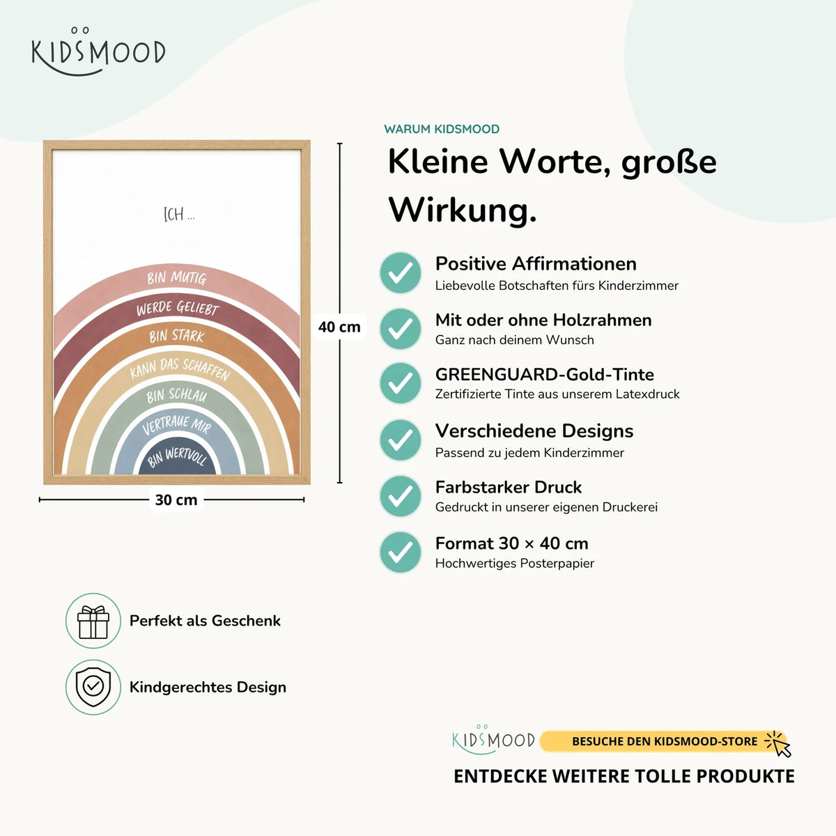 Affirmationsposter „Regenbogen Ich bin mutig“ im Überblick: 30 × 40 cm, mit oder ohne Holzrahmen, verschiedene Designs