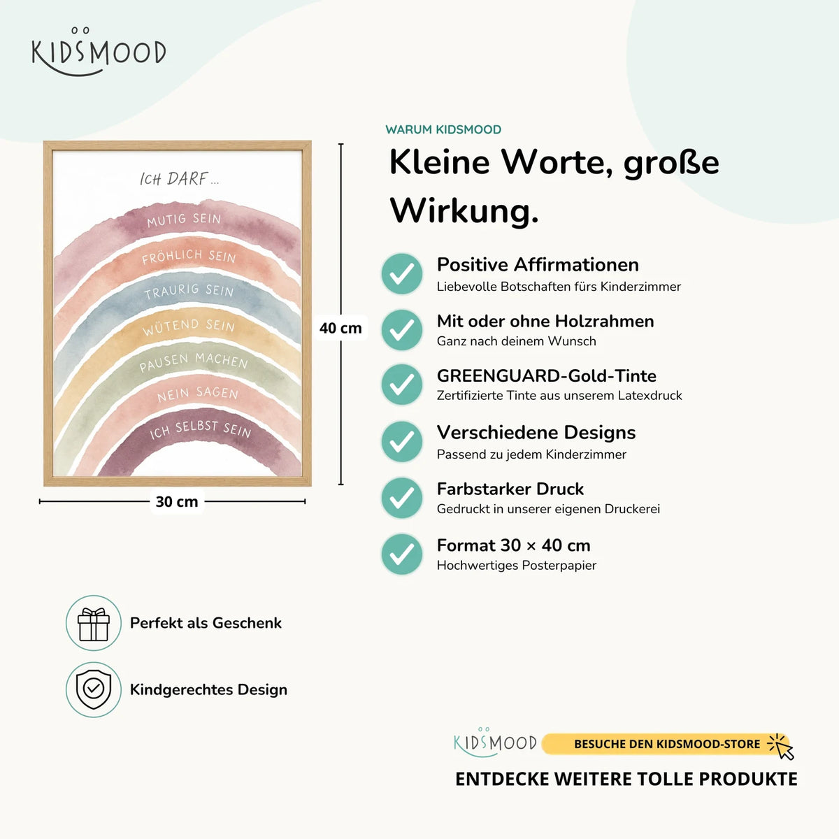 Affirmationsposter „Regenbogen Ich darf“ im Überblick: 30 × 40 cm, mit oder ohne Holzrahmen, verschiedene Designs