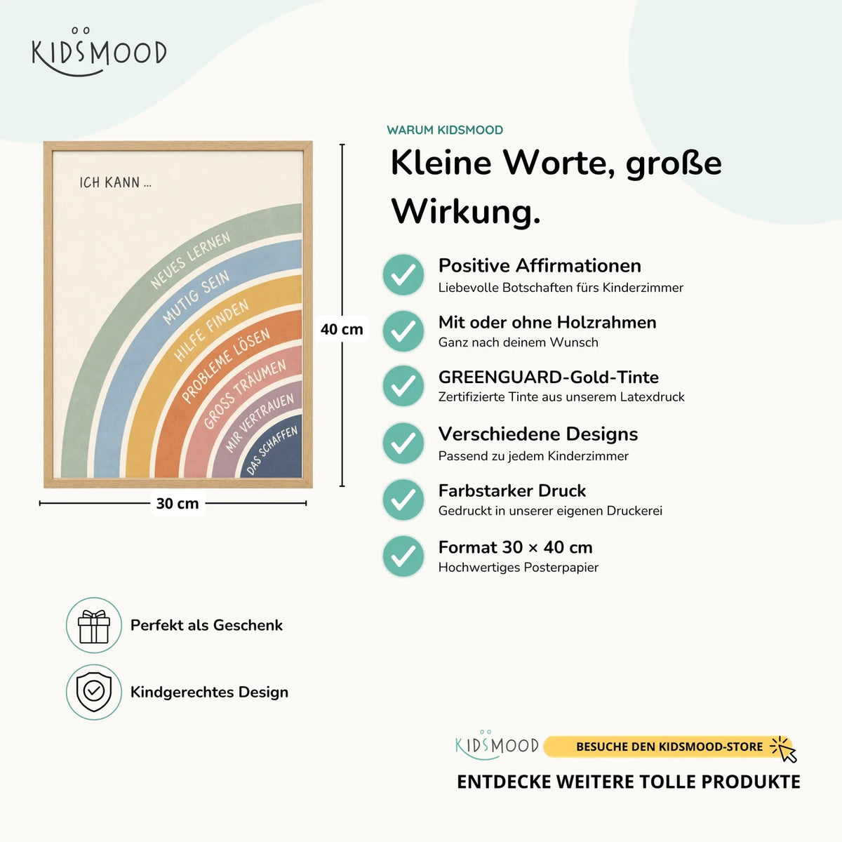 Affirmationsposter „Regenbogen Ich kann viel“ im Überblick: 30 × 40 cm, mit oder ohne Holzrahmen, verschiedene Designs