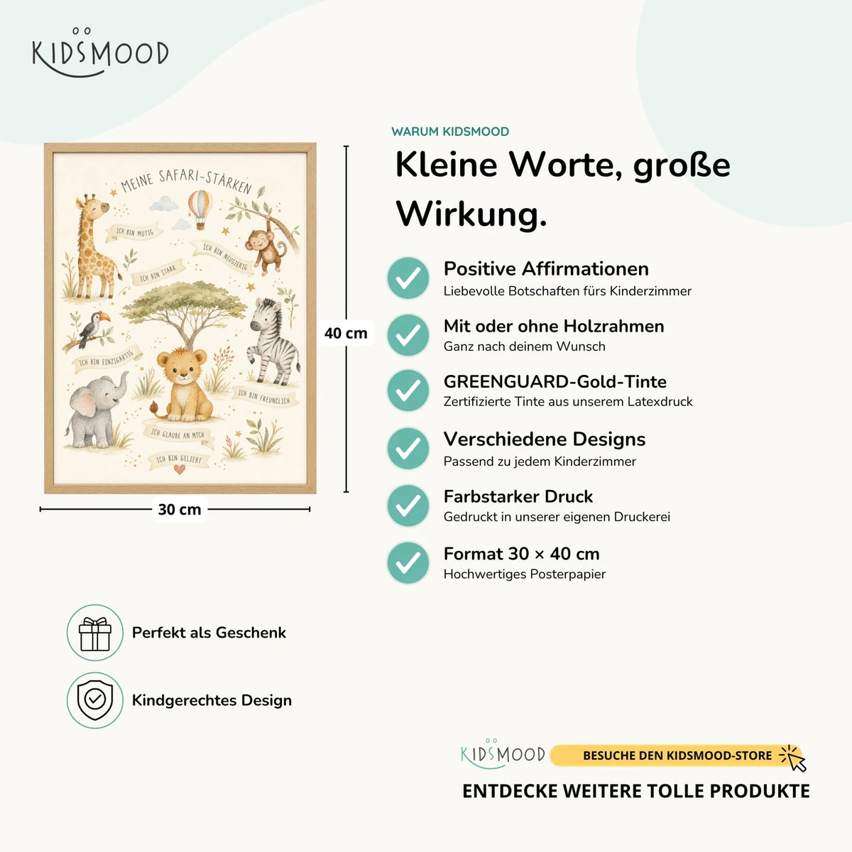 Affirmationsposter „Safari-Stärken“ im Überblick: 30 × 40 cm, mit oder ohne Holzrahmen, verschiedene Designs