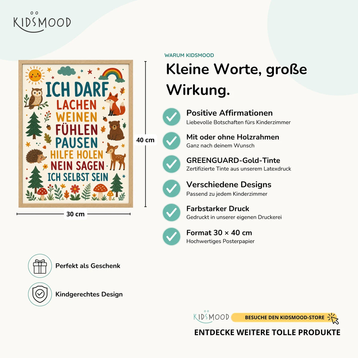Affirmationsposter „Wald Ich darf lachen“ im Überblick: 30 × 40 cm, mit oder ohne Holzrahmen, verschiedene Designs