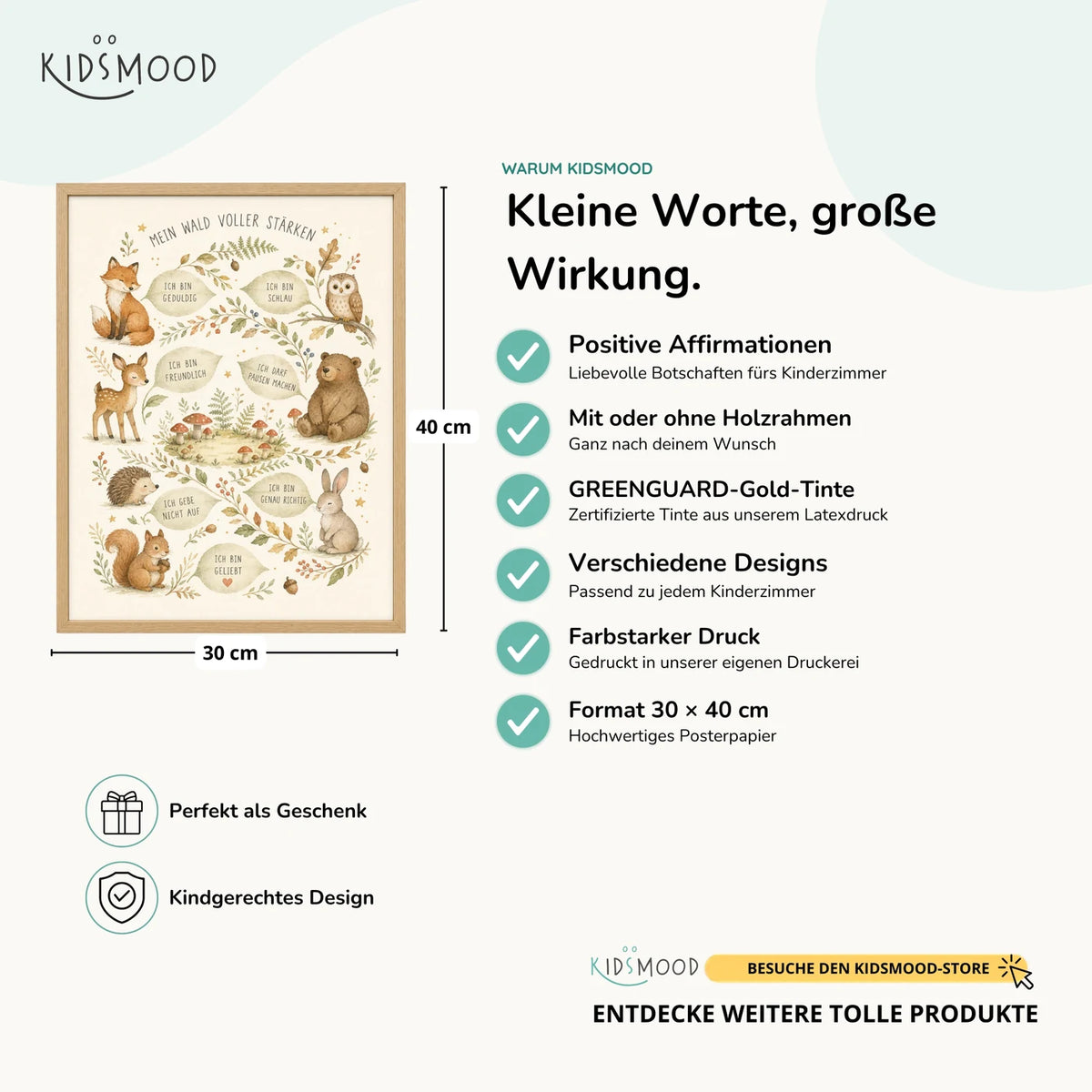 Affirmationsposter „Wald voller Stärken“ im Überblick: 30 × 40 cm, mit oder ohne Holzrahmen, verschiedene Designs