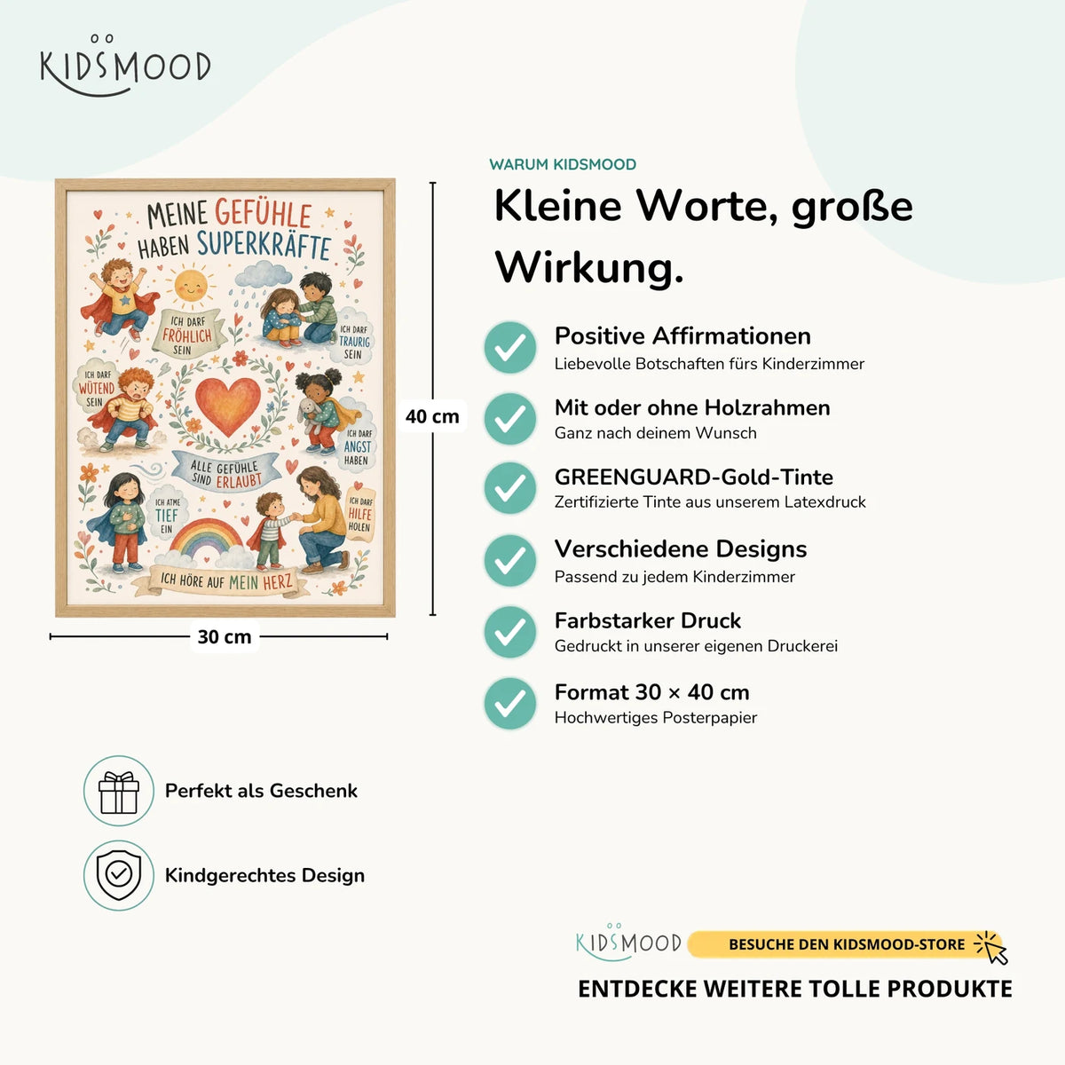 Affirmationsposter „Wimmelbild Gefühle“ im Überblick: 30 × 40 cm, mit oder ohne Holzrahmen, verschiedene Designs