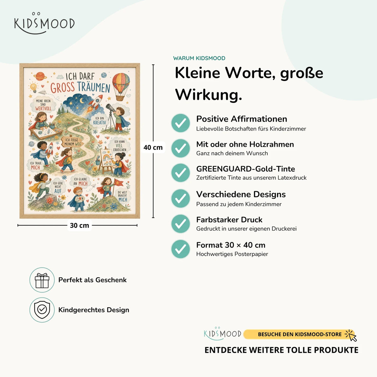 Affirmationsposter „Wimmelbild Groß träumen“ im Überblick: 30 × 40 cm, mit oder ohne Holzrahmen, verschiedene Designs