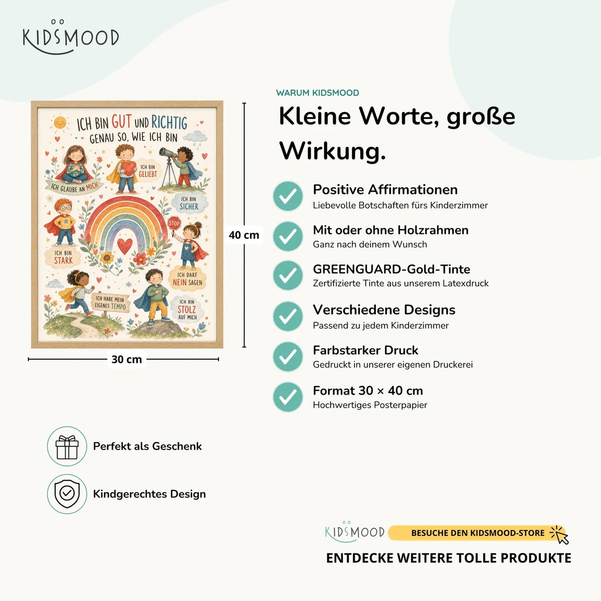 Affirmationsposter „Ich bin gut und richtig“ im Überblick: 30 × 40 cm, mit oder ohne Holzrahmen, verschiedene Designs