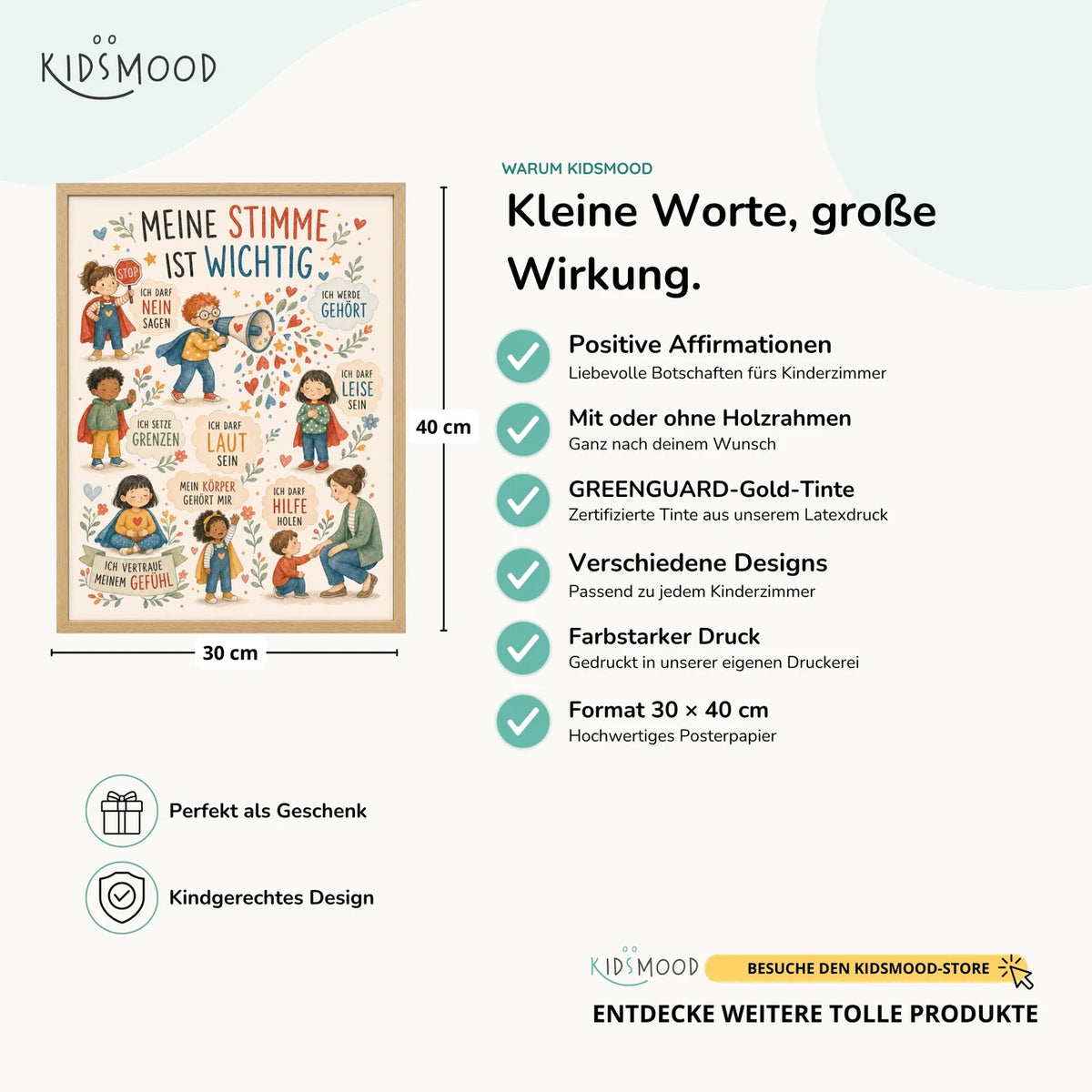 Affirmationsposter „Wimmelbild Meine Stimme“ im Überblick: 30 × 40 cm, mit oder ohne Holzrahmen, verschiedene Designs