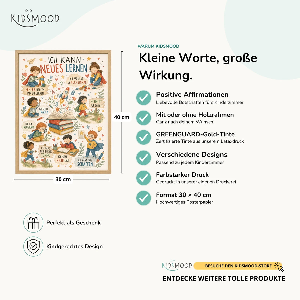 Affirmationsposter „Wimmelbild Neues lernen“ im Überblick: 30 × 40 cm, mit oder ohne Holzrahmen, verschiedene Designs