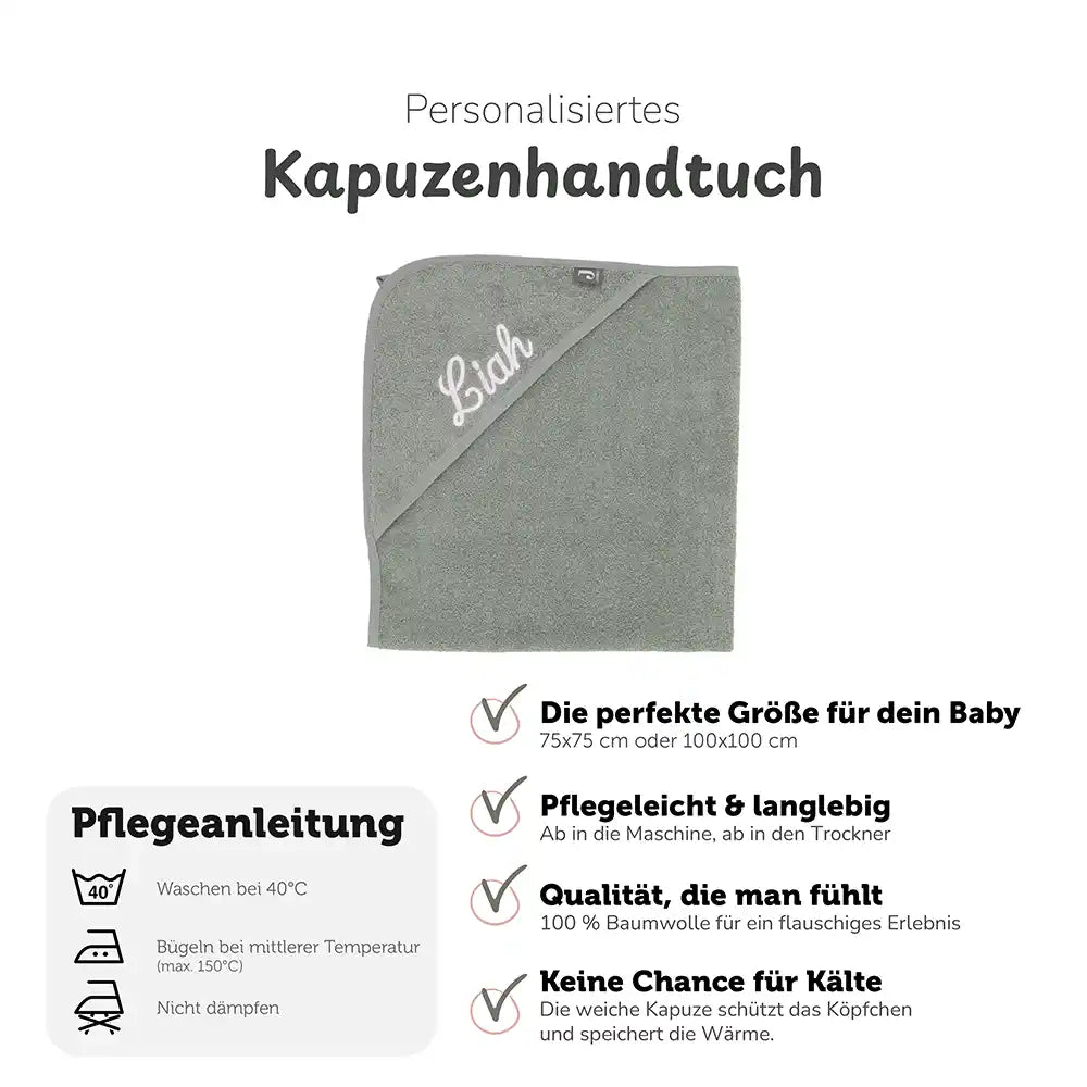 Kapuzenhandtuch Baby personalisiert – mintgrün, weiches Frottee mit Namen, kuscheliges Badetuch mit Kapuze für Baby