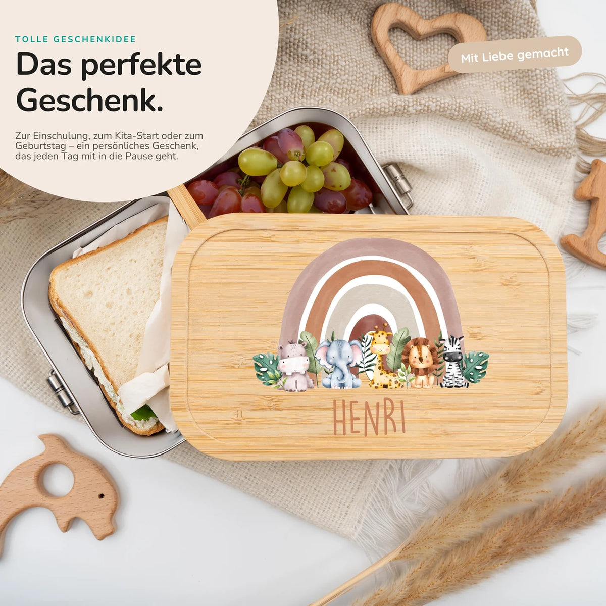 Brotdose Kinder personalisiert - Tierfamilie unter Regenbogen