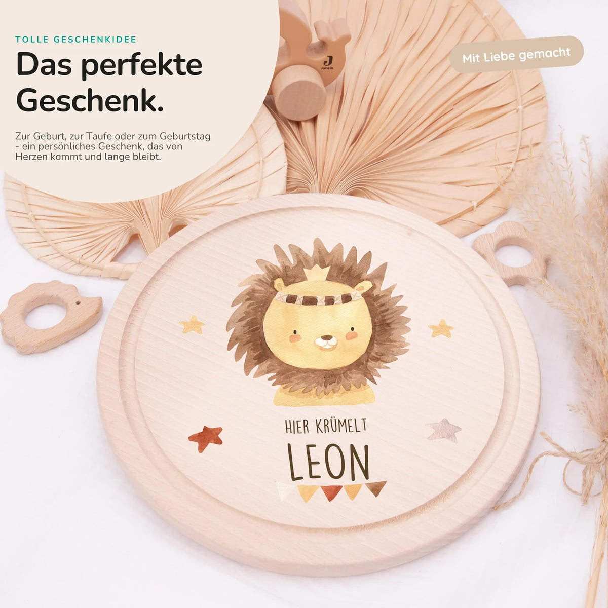 Rundes personalisiertes Frühstücksbrettchen Boho Löwe mit Namen für Kinder