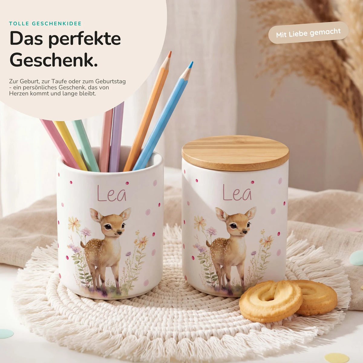 Personalisierte Keksdose Rehkitz Blumenwiese – Keramik & Bambus mit Wunschname