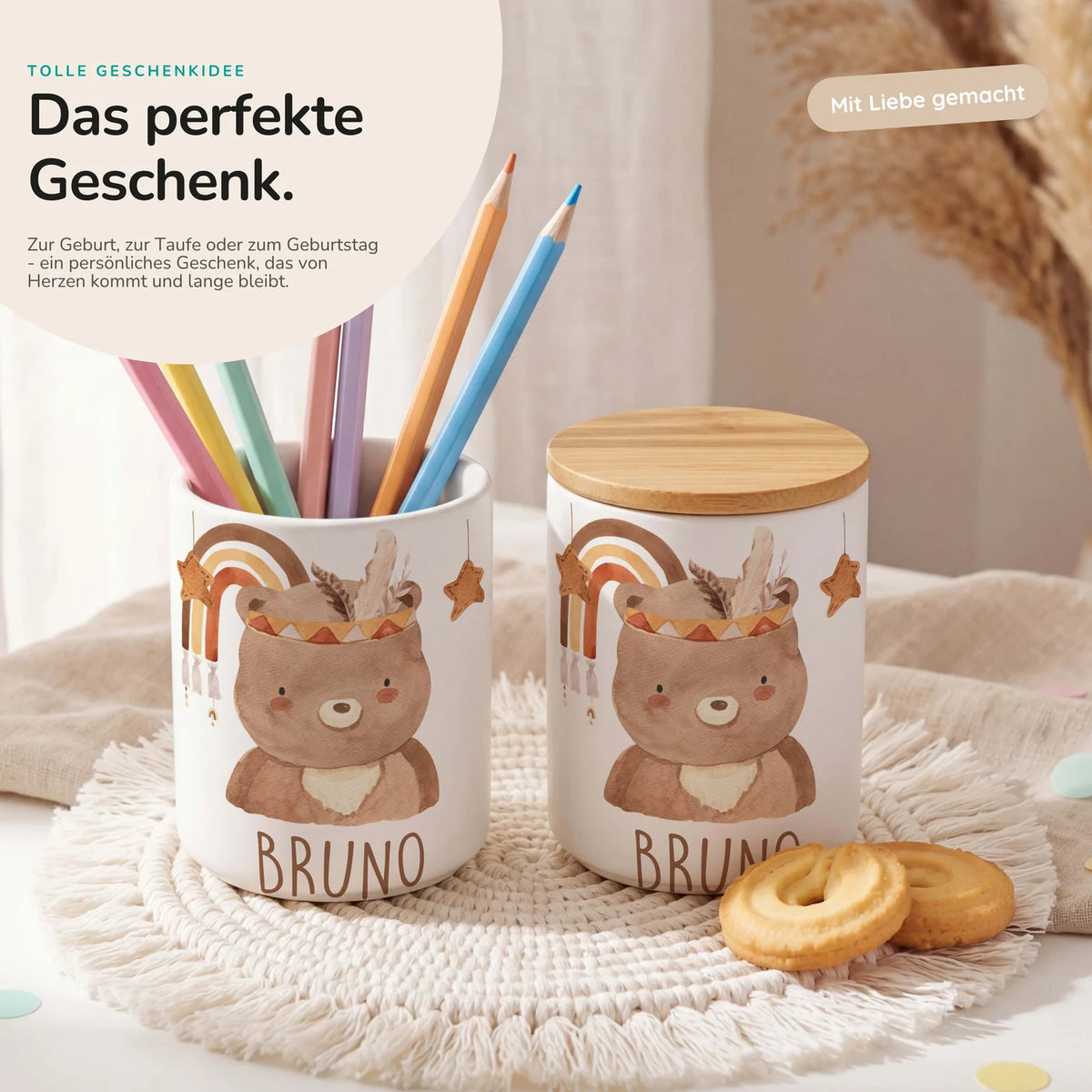 Personalisierte Keksdose Boho-Bär – Keramik & Bambus mit Wunschname