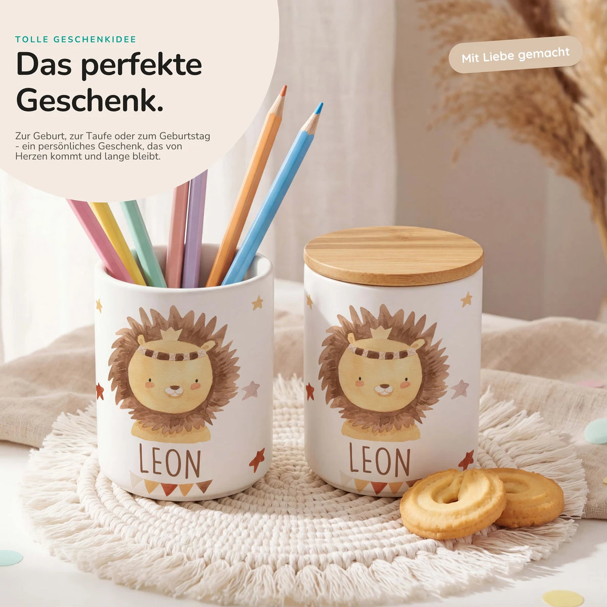 Personalisierte Keksdose Löwe Boho – Keramik & Bambus mit Wunschname