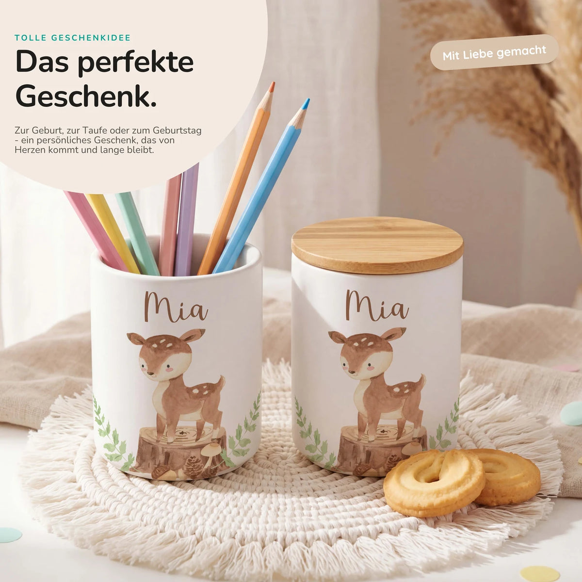 Personalisierte Keksdose Rehkitz Wald – Keramik & Bambus mit Wunschname