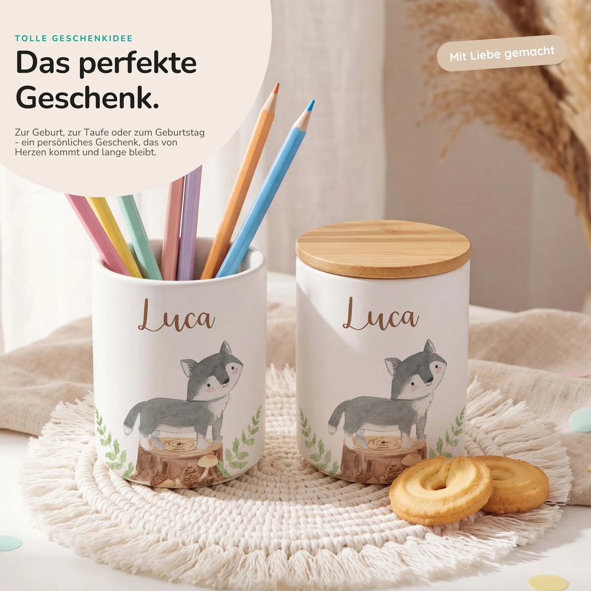 Personalisierte Keksdose Wolf Wald – Keramik & Bambus mit Wunschname