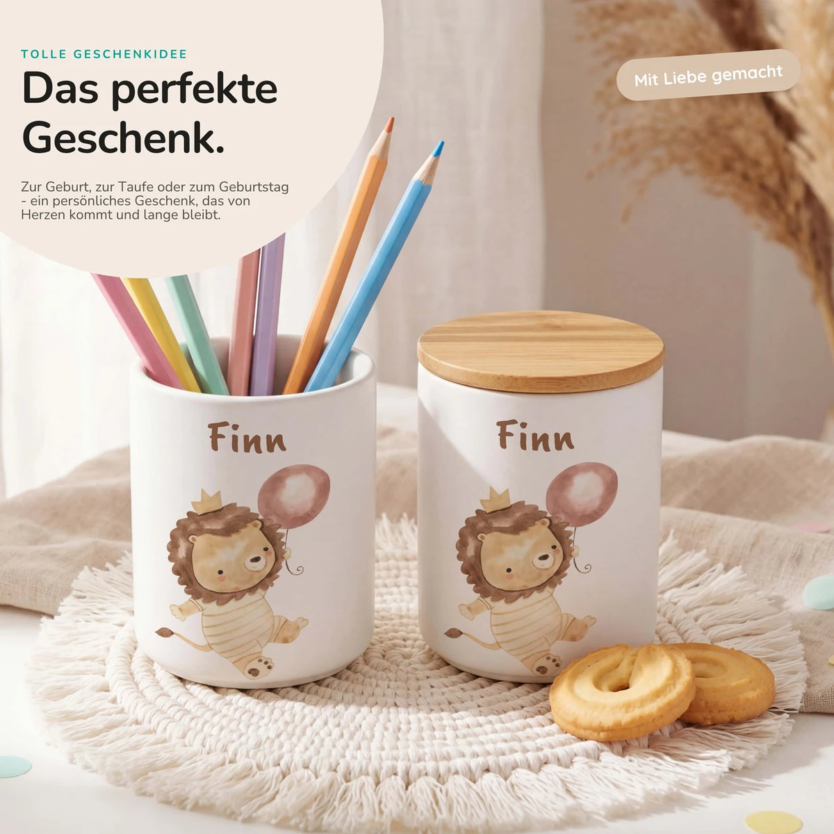 Personalisierte Keksdose Löwe Geburtstag – Keramik & Bambus mit Wunschname